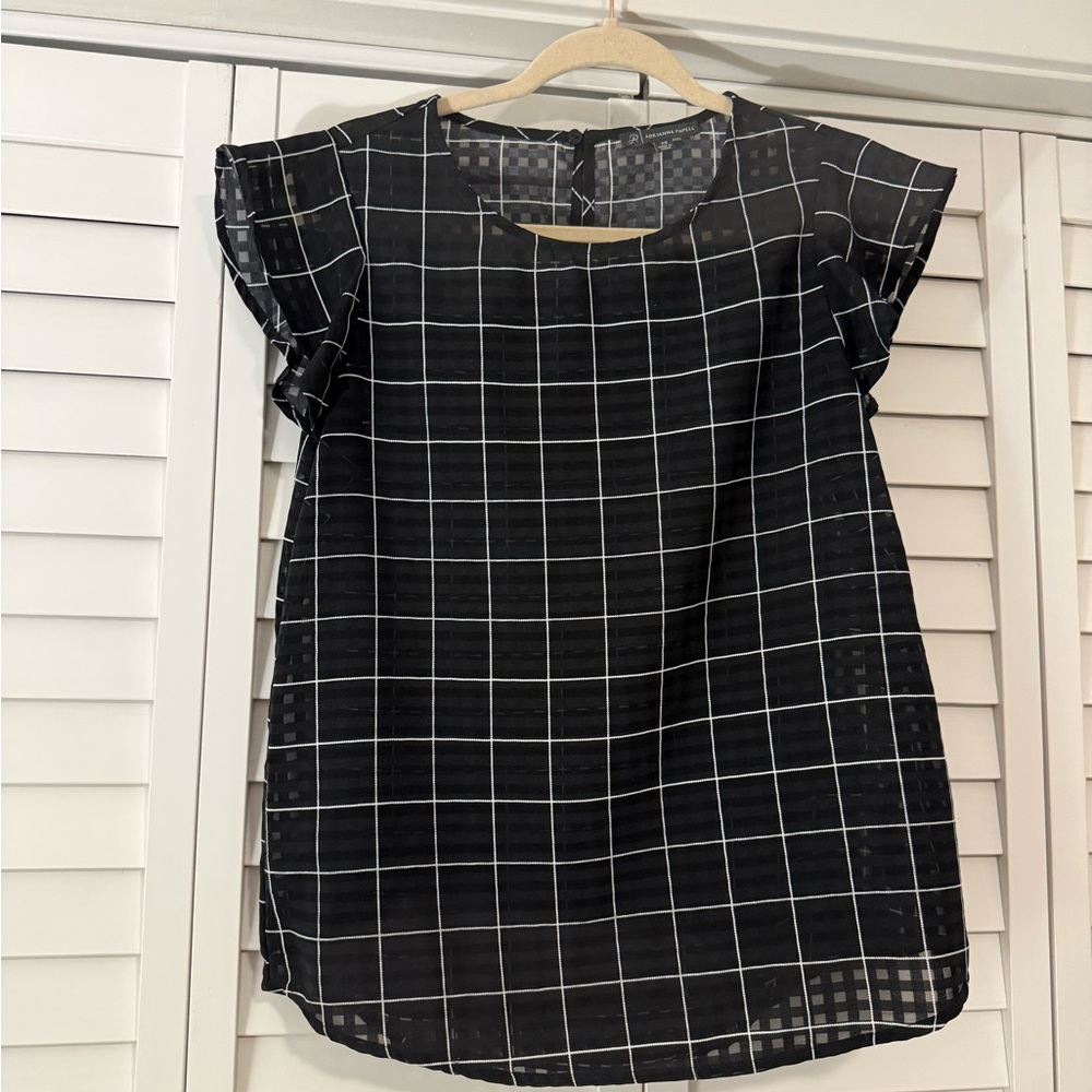 Adrianna Papell Sheer Black and White Grid Pattern Top